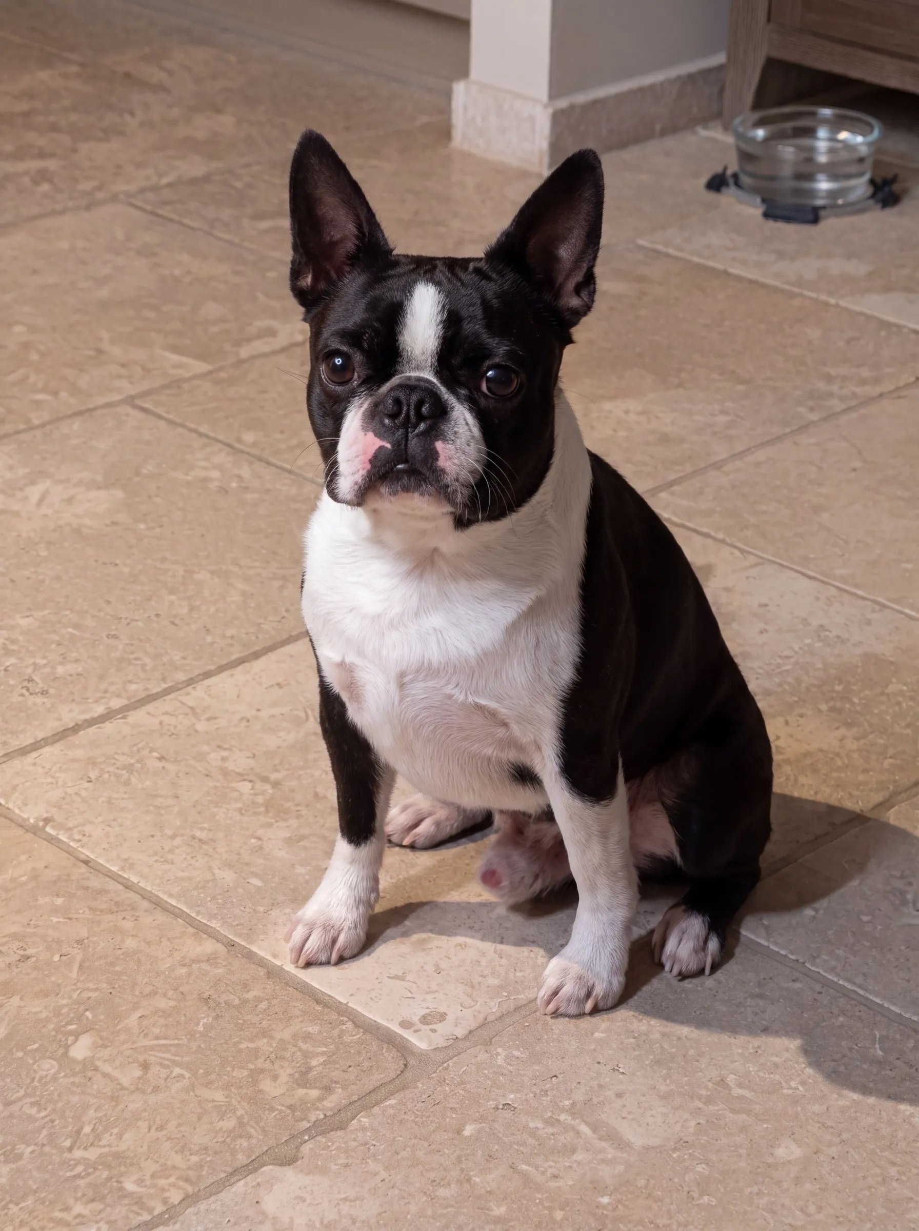 Schwarz-weißer Boston Terrier sitzt auf hellen Steinfliesen und schaut in die Kamera